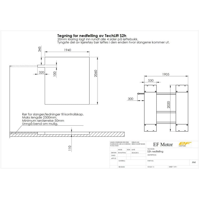 TechLift S2h sakseløfter tegning nedfelling